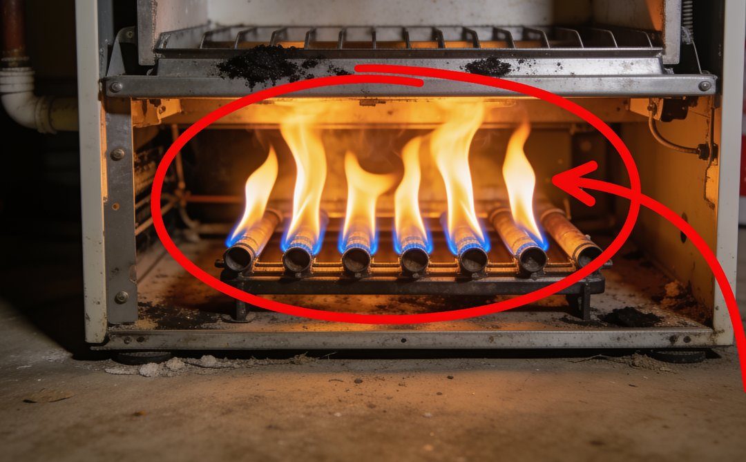 Furnace burners with yellow flames circled in red
